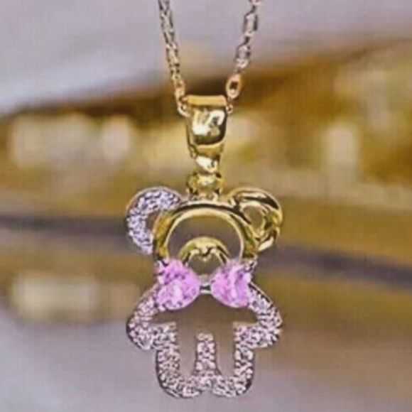 Iced Gold Rhinestone BEAR Pink HEARTS Bow Gold Chain Necklace - Picture 3 of 4